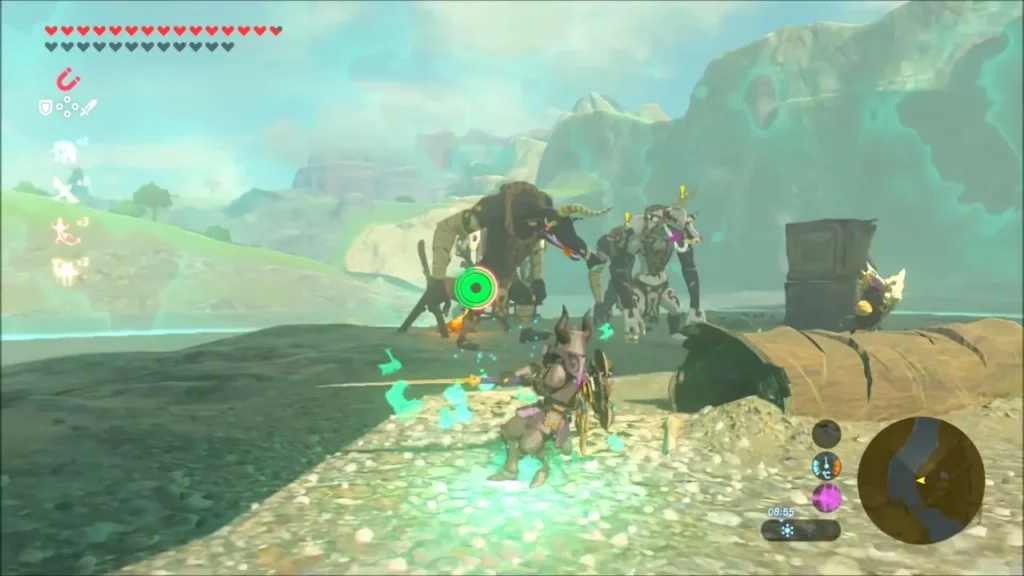 Link fighting a Moblin at a riverside camp near Sage Temple Ruins Link fighting a Moblin at a riverside camp near Sage Temple Ruins