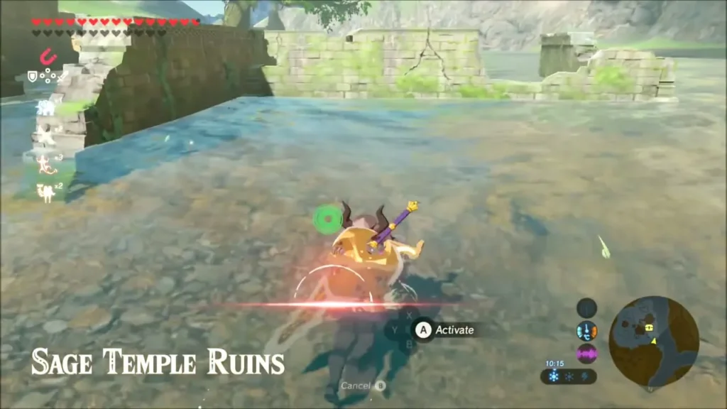 Sage Temple Ruins title as Link wades into the shallow river Sage Temple Ruins title as Link wades into the shallow river