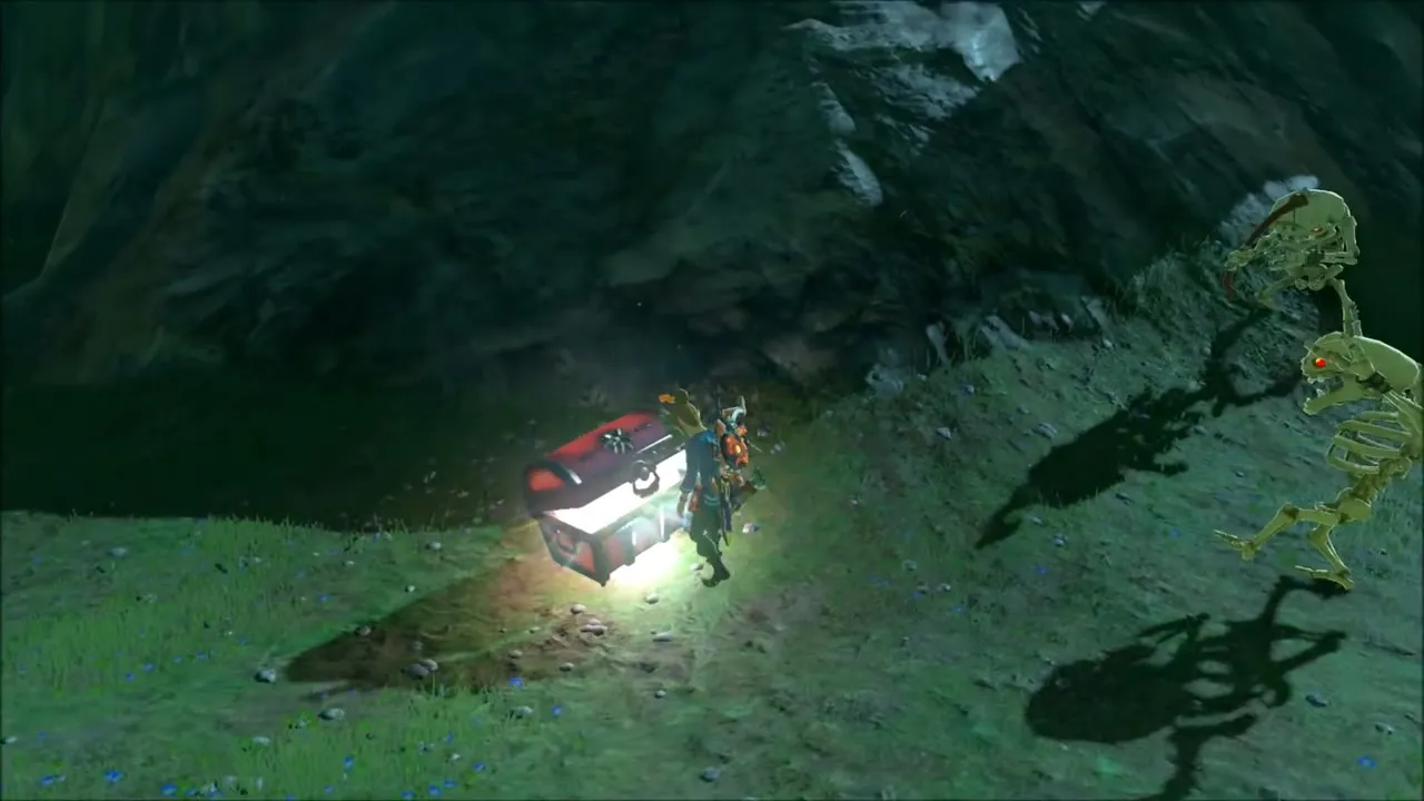 Link opening the glowing chest with skeleton monsters nearby Link opening the glowing chest with skeleton monsters nearby