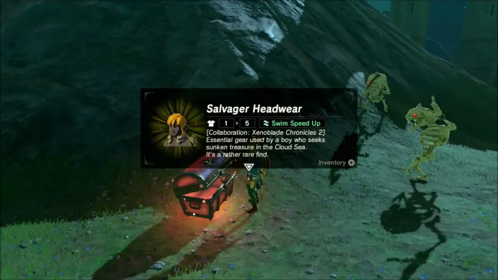 Link receiving the Salvager Headwear beside the red chest Link receiving the Salvager Headwear beside the red chest