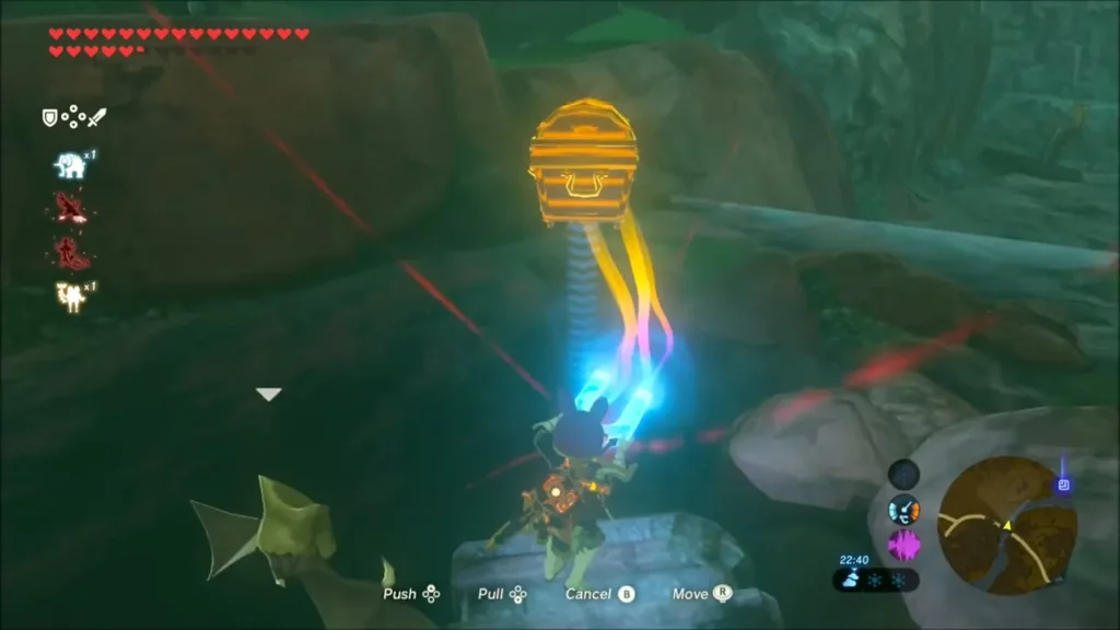 Link pulling the Phantom Ganon Armor chest up with Magnesis Link pulling the Phantom Ganon Armor chest up with Magnesis