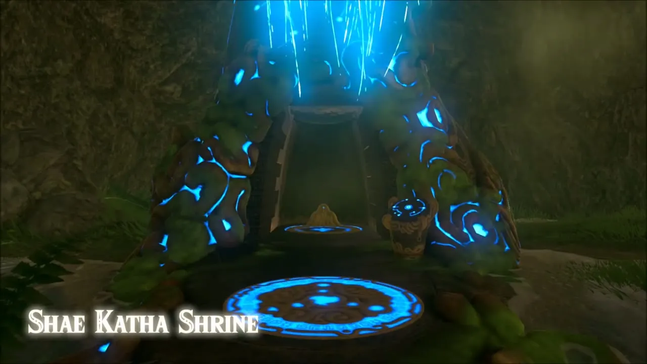 Shae Katha Shrine with its title card and glowing warp pad Shae Katha Shrine with its title card and glowing warp pad