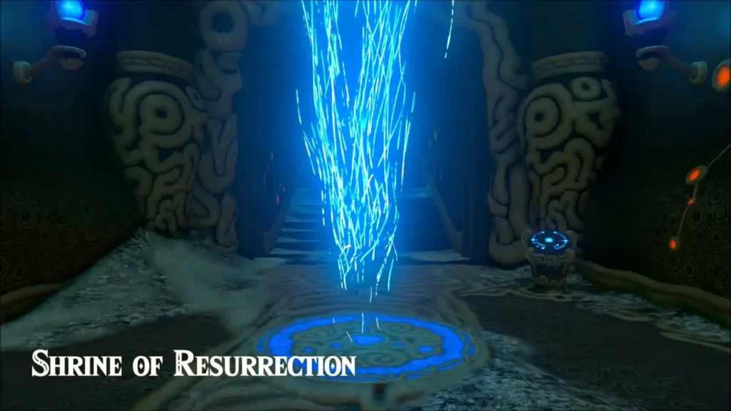 Shrine of Resurrection with its blue light and title card Shrine of Resurrection with its blue light and title card