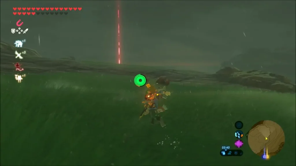 Link on a rainy night field with a red beam rising ahead Link on a rainy night field with a red beam rising ahead