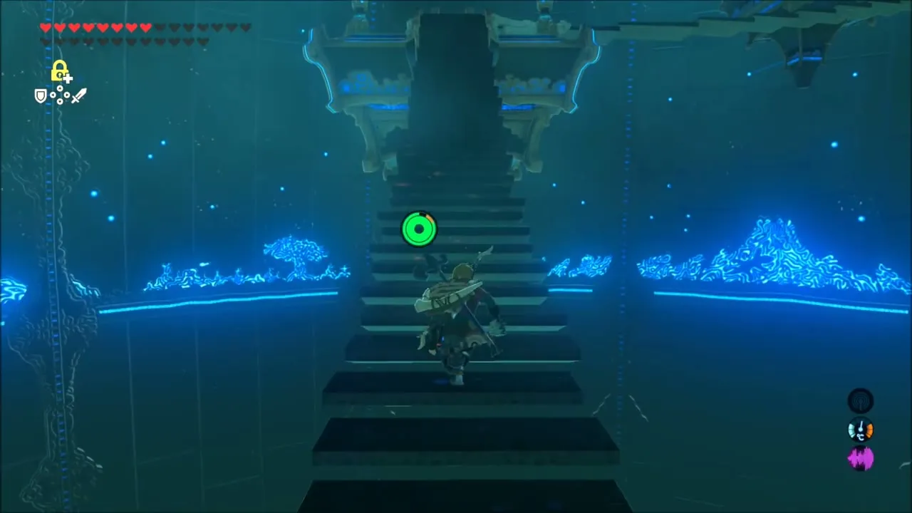 Link climbs the long glowing staircase toward the shrine hall Link climbs the long glowing staircase toward the shrine hall