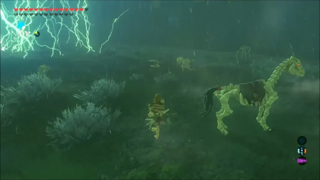 Link running from a Stalhorse as lightning strikes in the marsh Link running from a Stalhorse as lightning strikes in the marsh