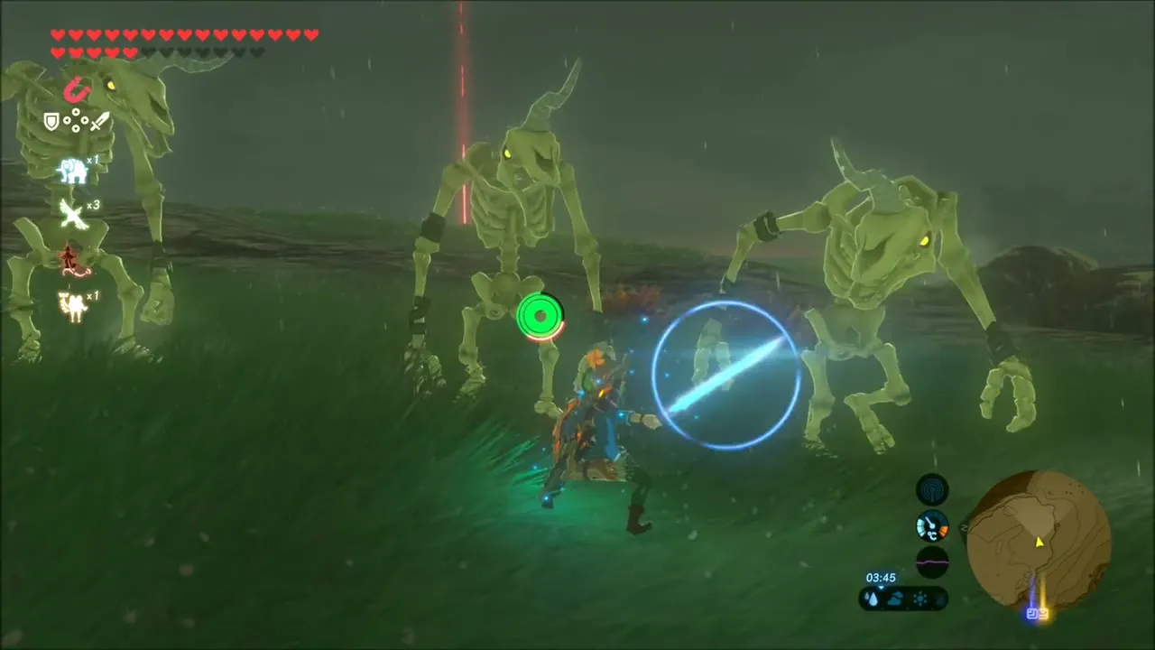 Link swinging a sword at Stalkoblins in the night field Link swinging a sword at Stalkoblins in the night field