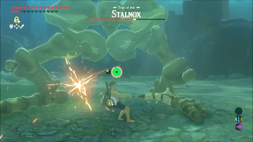 Link striking the Stalnox leg with a weapon, sparks flying Link striking the Stalnox leg with a weapon, sparks flying