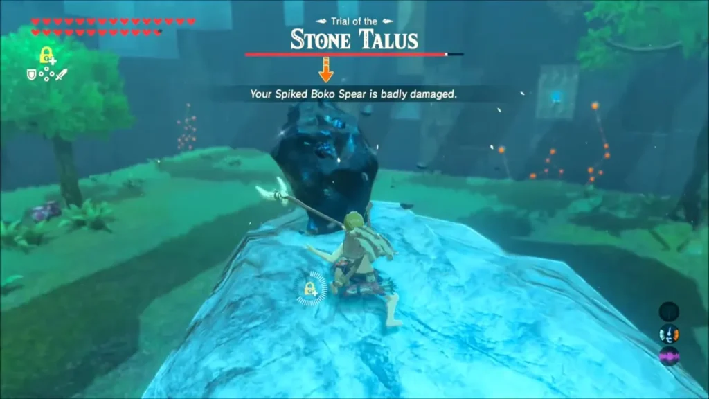 Link on the Stone Talus's back facing the ore deposit with the boss bar Link on the Stone Talus's back facing the ore deposit with the boss bar