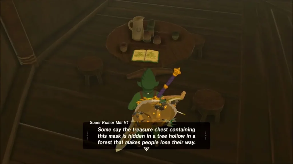 Link reading the Super Rumor Mill book at Woodland Stable about a mask in a tree hollow Link reading the Super Rumor Mill book at Woodland Stable about a mask in a tree hollow