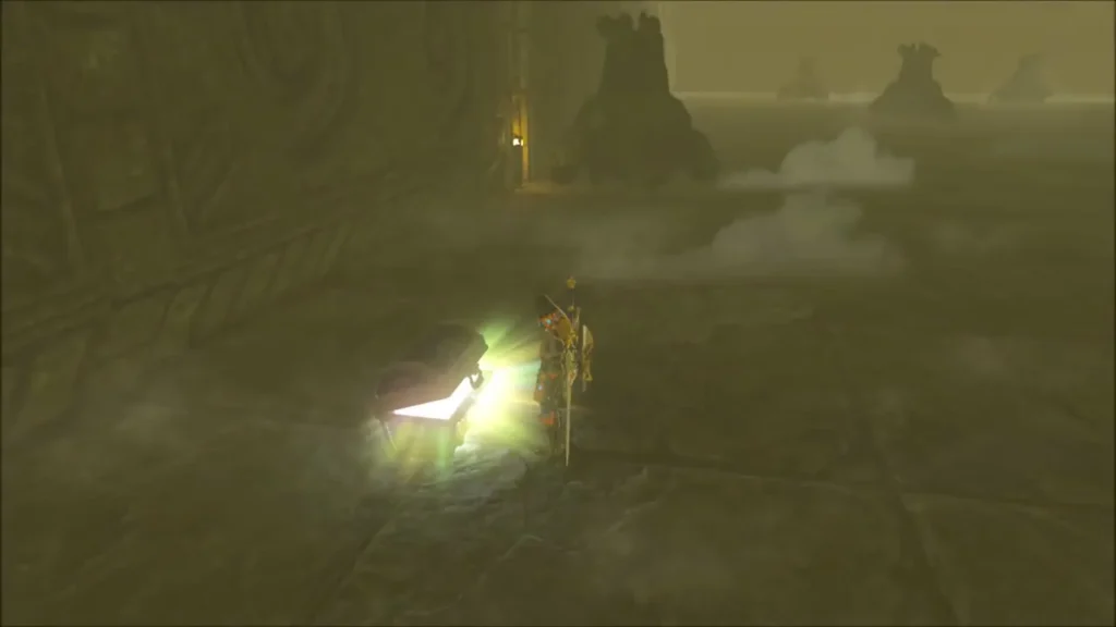 The chest in the Lomei underground room opening with a glow as Link stands beside it The chest in the Lomei underground room opening with a glow as Link stands beside it
