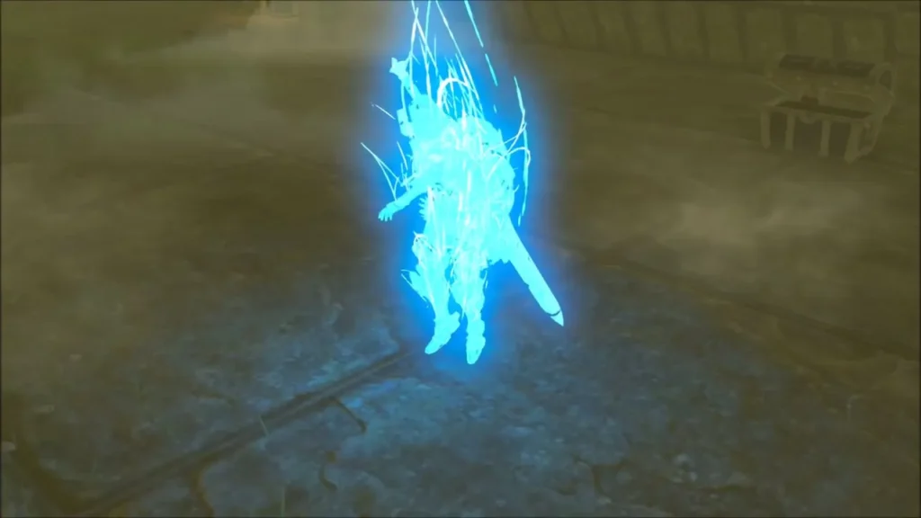 Link dissolving into blue light as he warps away from the chest room Link dissolving into blue light as he warps away from the chest room