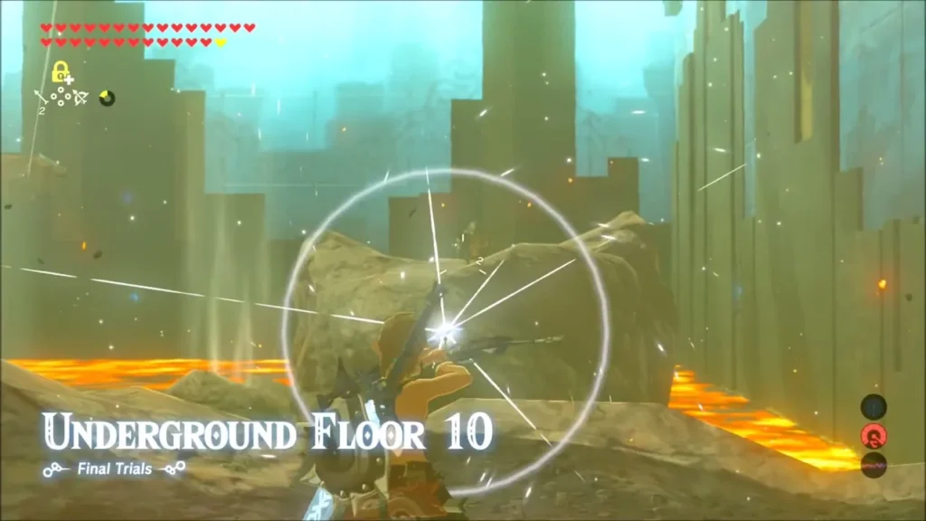 Floor 10 title card with Link drawing a bow above the lava Floor 10 title card with Link drawing a bow above the lava