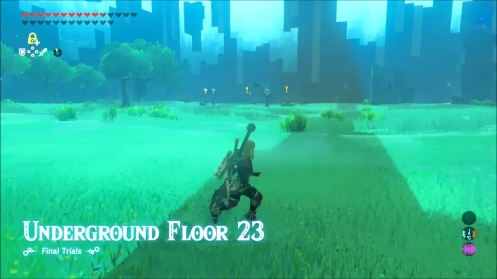 Link in the grassy Underground Floor 23 arena with the title card Link in the grassy Underground Floor 23 arena with the title card