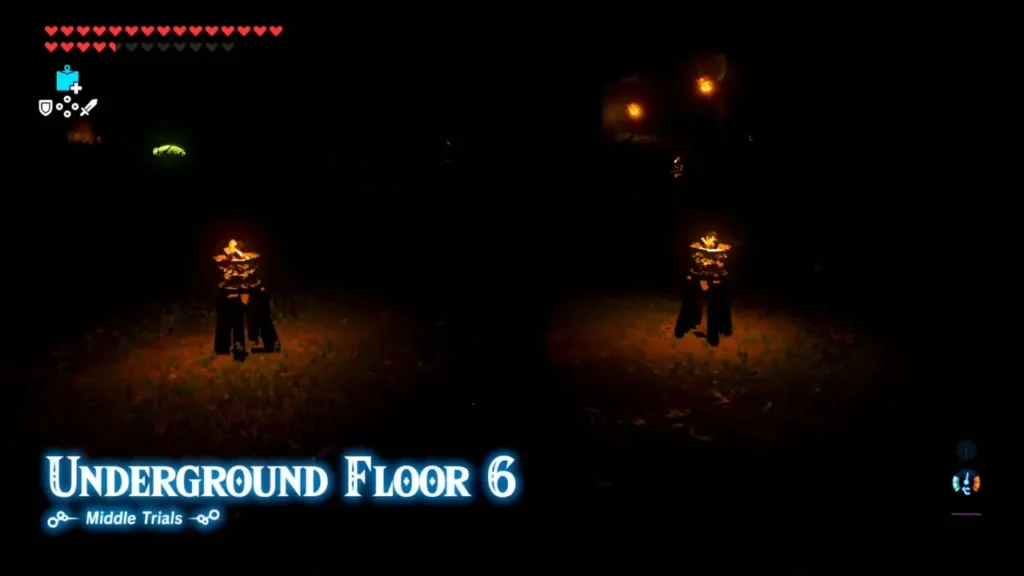 Underground Floor 6 title over a dark room lit by torches Underground Floor 6 title over a dark room lit by torches