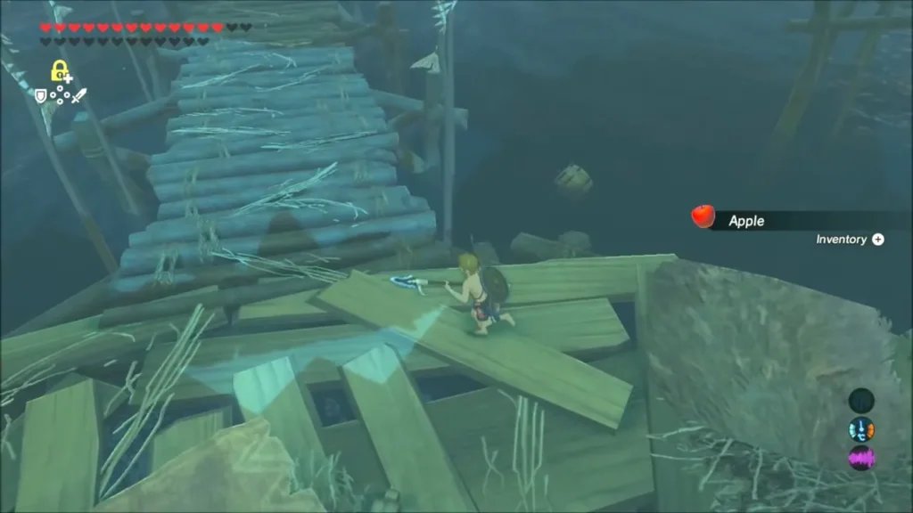 Link crossing wooden platforms and rafts above the dark water Link crossing wooden platforms and rafts above the dark water