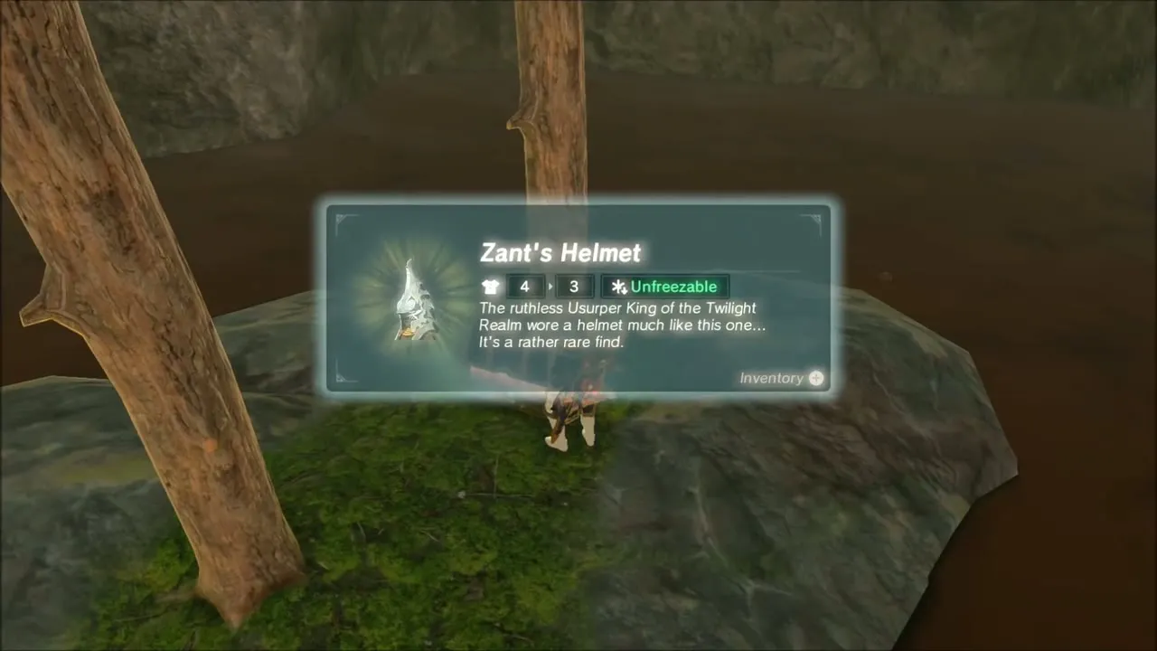 Link holding up Zant's Helmet beside the two trees Link holding up Zant's Helmet beside the two trees