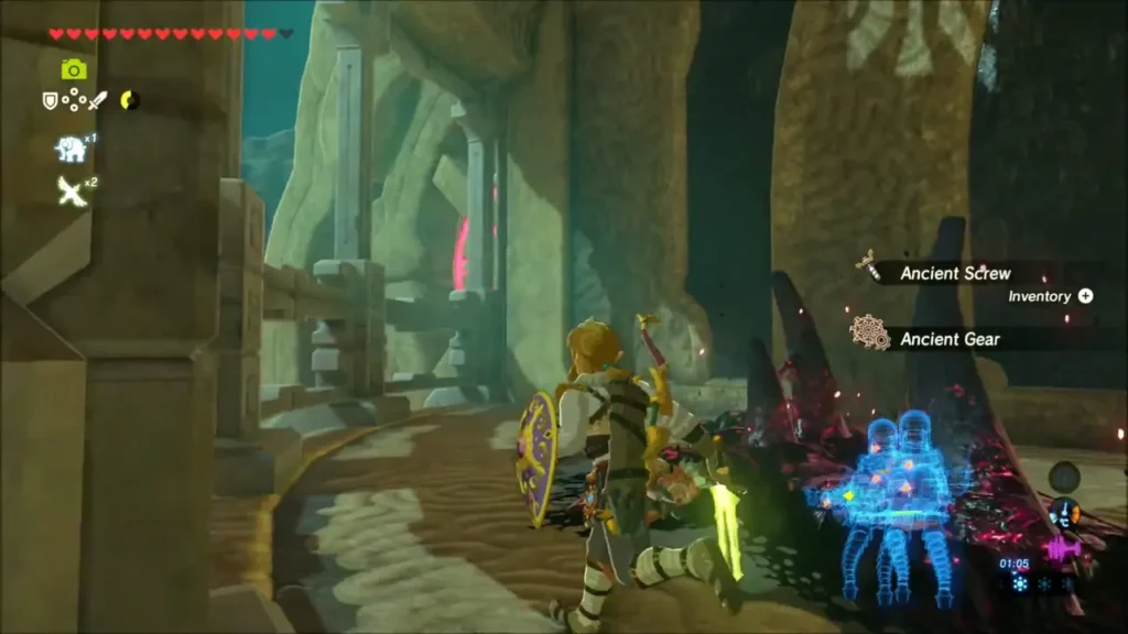 Link collecting an Ancient Screw and Ancient Gear from a chest Link collecting an Ancient Screw and Ancient Gear from a chest