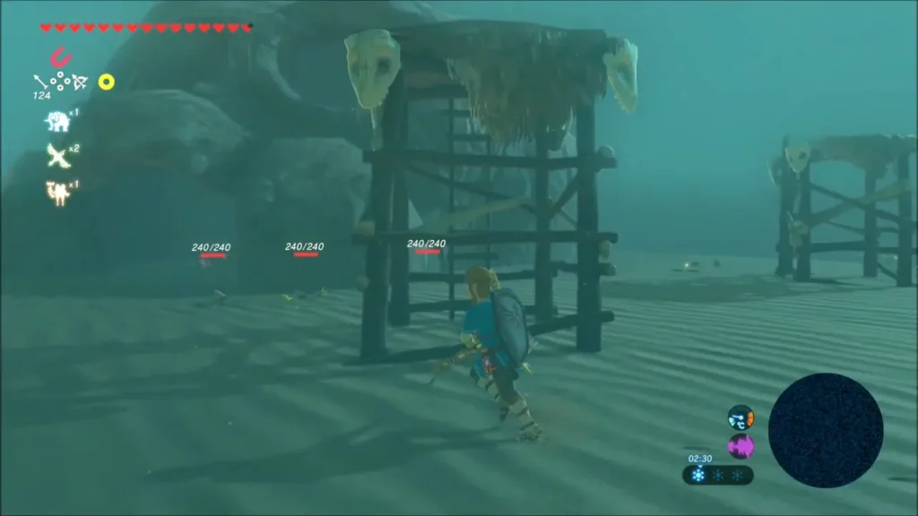 Link approaching a Bokoblin camp with bone scaffolds in the sandstorm Link approaching a Bokoblin camp with bone scaffolds in the sandstorm