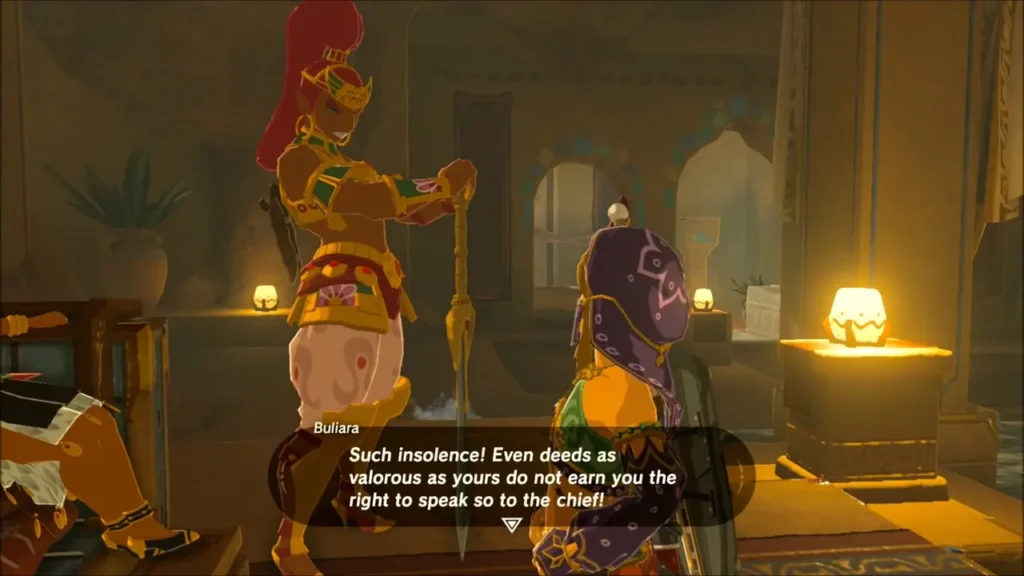 Guard Buliara scolding Link inside Riju's palace Guard Buliara scolding Link inside Riju's palace