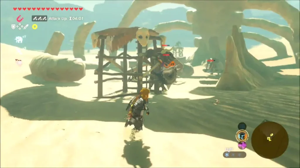 Link approaching a lookout tower where enemies wait among giant ribs Link approaching a lookout tower where enemies wait among giant ribs