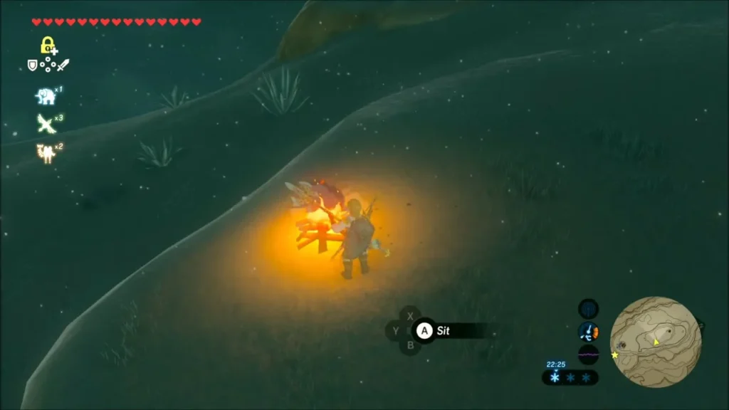 Link resting beside a glowing campfire on the dark snowy slope Link resting beside a glowing campfire on the dark snowy slope