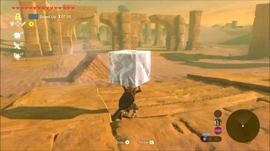 Link carrying the ice block across sunlit desert ruins with stone arches Link carrying the ice block across sunlit desert ruins with stone arches