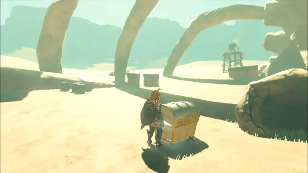 Link opening a gold chest beneath the giant ribs Link opening a gold chest beneath the giant ribs
