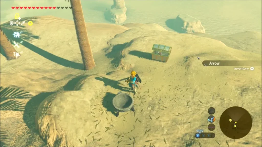 Link beside a treasure chest and a clay pot on the sand under a palm tree Link beside a treasure chest and a clay pot on the sand under a palm tree
