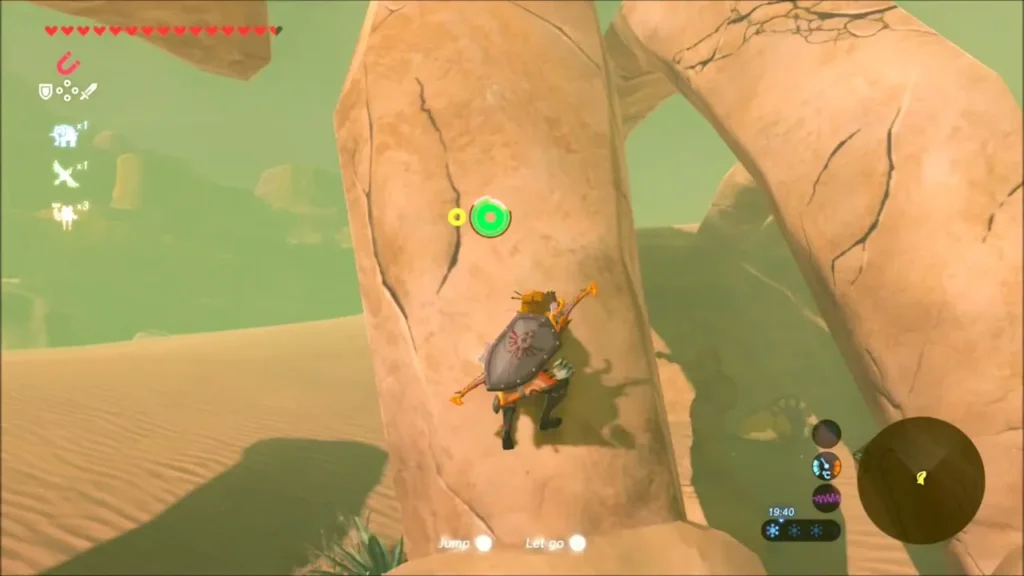 Link climbing a tall standing boulder among bone arches Link climbing a tall standing boulder among bone arches