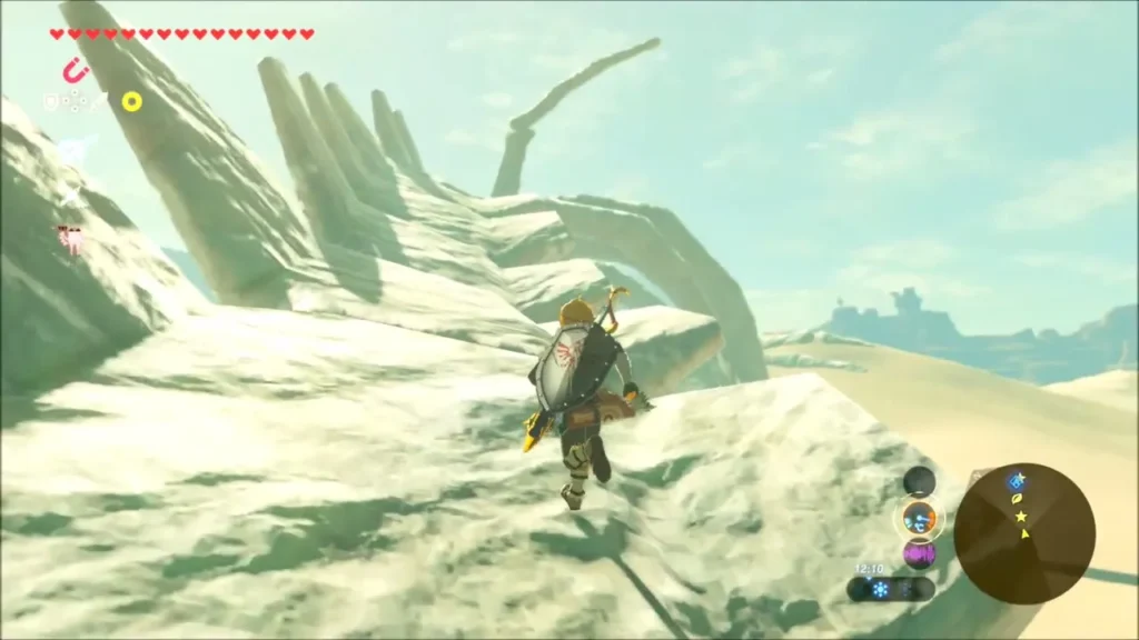 Link climbing the sand-covered ribs of the Gerudo Great Skeleton Link climbing the sand-covered ribs of the Gerudo Great Skeleton