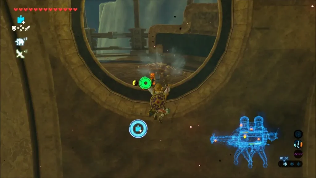 Link climbing through a round opening between rotated rooms Link climbing through a round opening between rotated rooms
