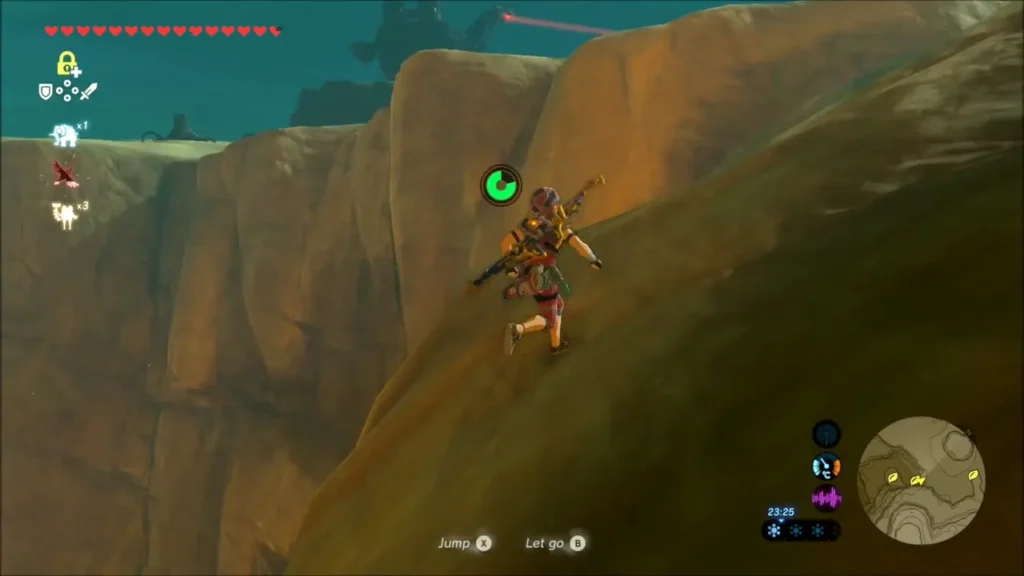 Link climbing a sloped sandstone cliff in the East Gerudo Mesa Link climbing a sloped sandstone cliff in the East Gerudo Mesa