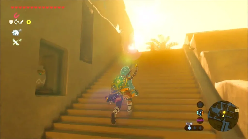 Link climbing the upper stairs of Gerudo Town with the desert sun ahead Link climbing the upper stairs of Gerudo Town with the desert sun ahead