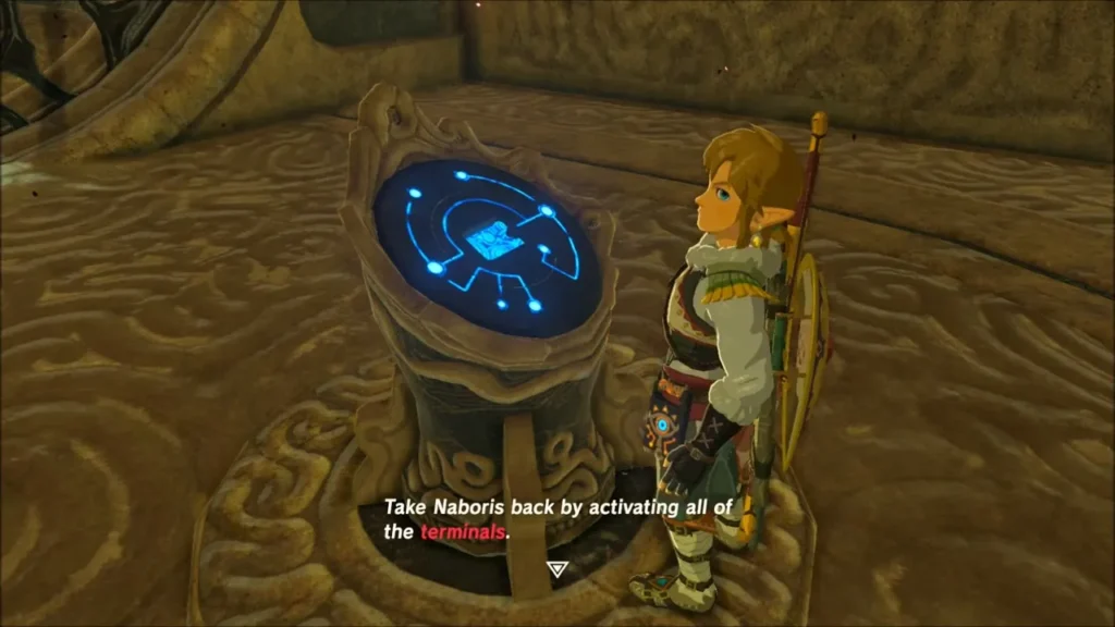 Link at the glowing console with a message to activate all the terminals Link at the glowing console with a message to activate all the terminals