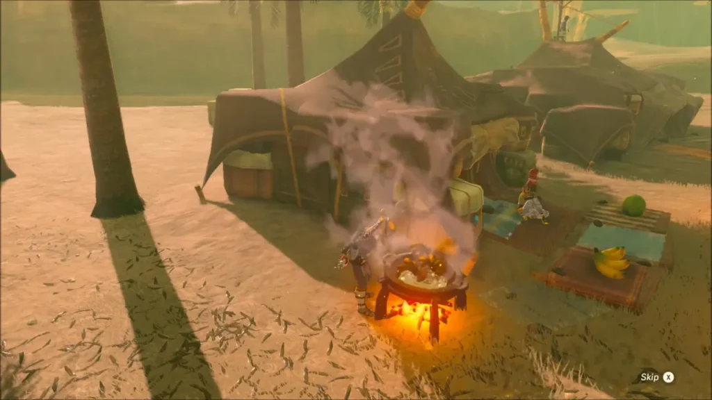 Steam rising from the cooking pot beside the tent Steam rising from the cooking pot beside the tent