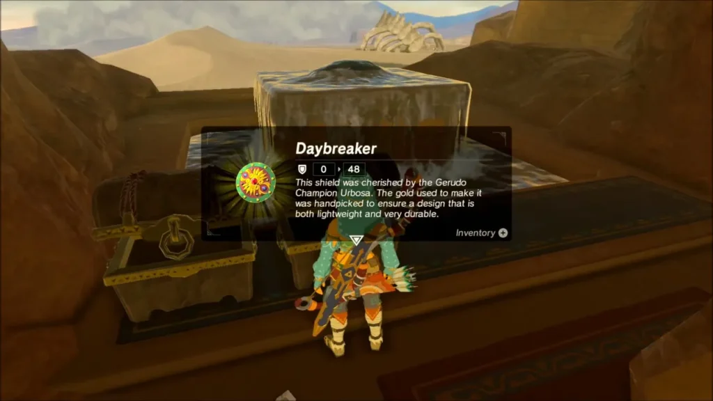 Link receiving the Daybreaker shield from the stand Link receiving the Daybreaker shield from the stand