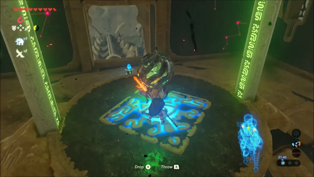 Link carrying an electric orb onto its glowing pedestal Link carrying an electric orb onto its glowing pedestal