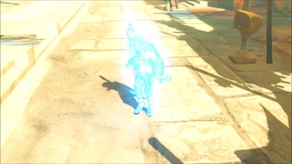 Link as a blue silhouette starting fast travel in Gerudo Town Link as a blue silhouette starting fast travel in Gerudo Town