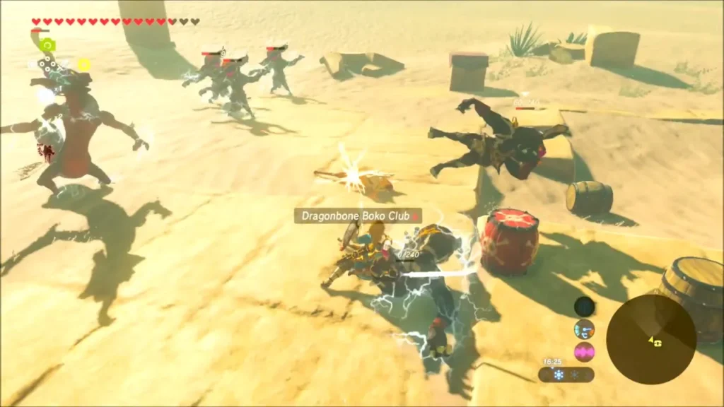 Link battling Moblins and Bokoblins among sandy ruins Link battling Moblins and Bokoblins among sandy ruins