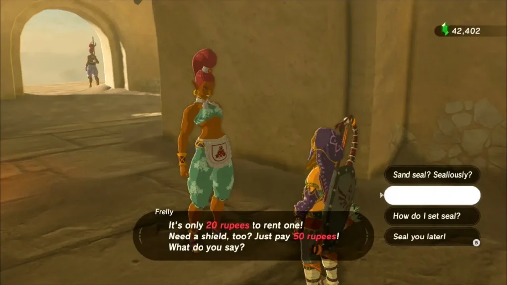 Frelly offering a sand seal rental to Link in Gerudo Town Frelly offering a sand seal rental to Link in Gerudo Town