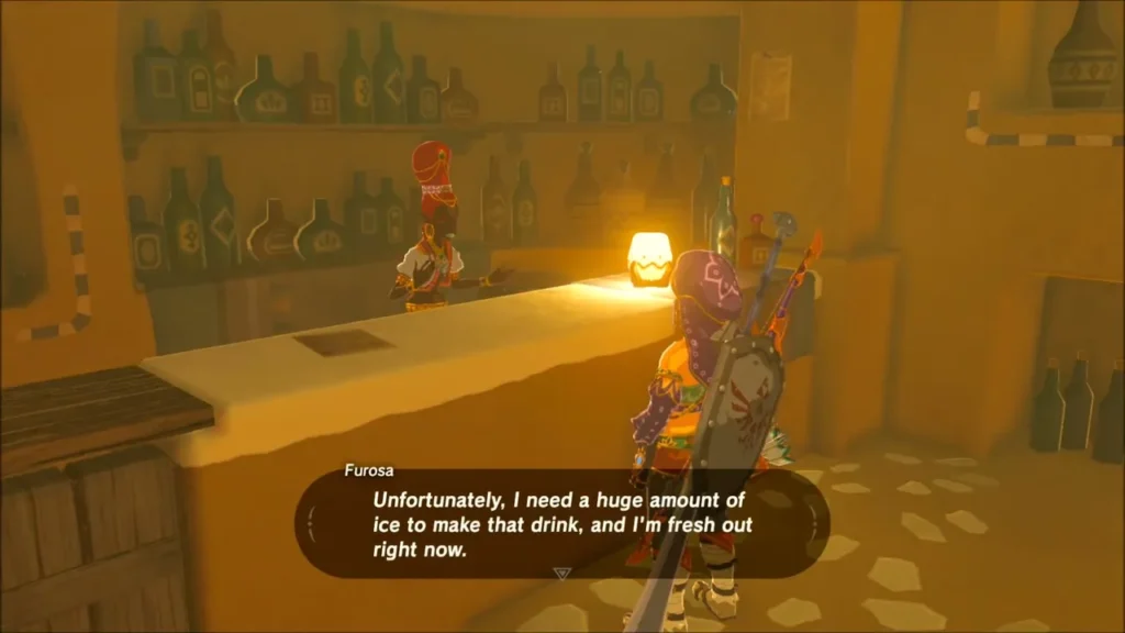 Furosa at the bar telling Link she is out of ice for the drink Furosa at the bar telling Link she is out of ice for the drink