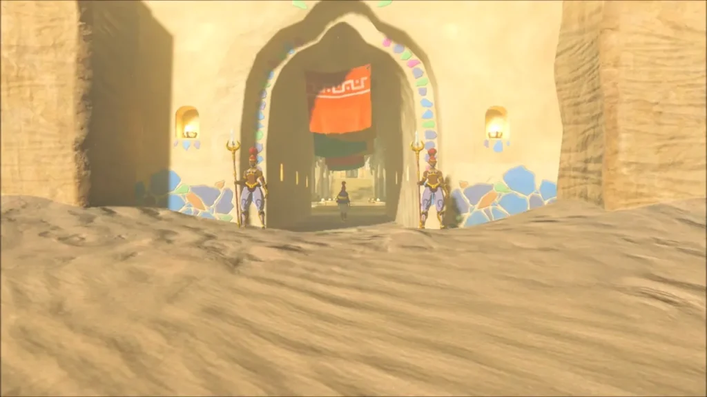 The gate of Gerudo Town seen across the sand The gate of Gerudo Town seen across the sand