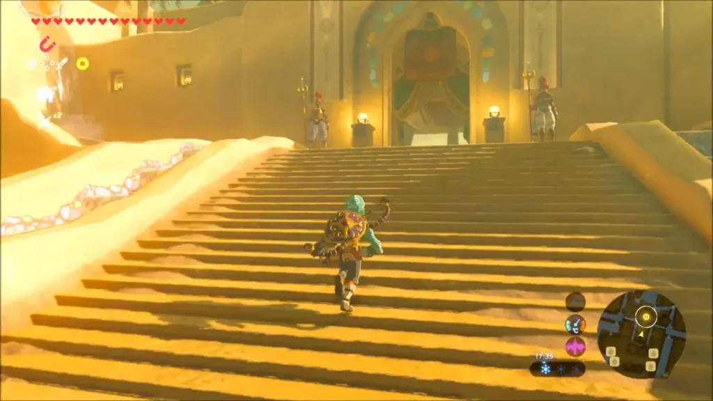 Link in Gerudo disguise running up the long sunlit staircase toward the Gerudo Town palace Link in Gerudo disguise running up the long sunlit staircase toward the Gerudo Town palace