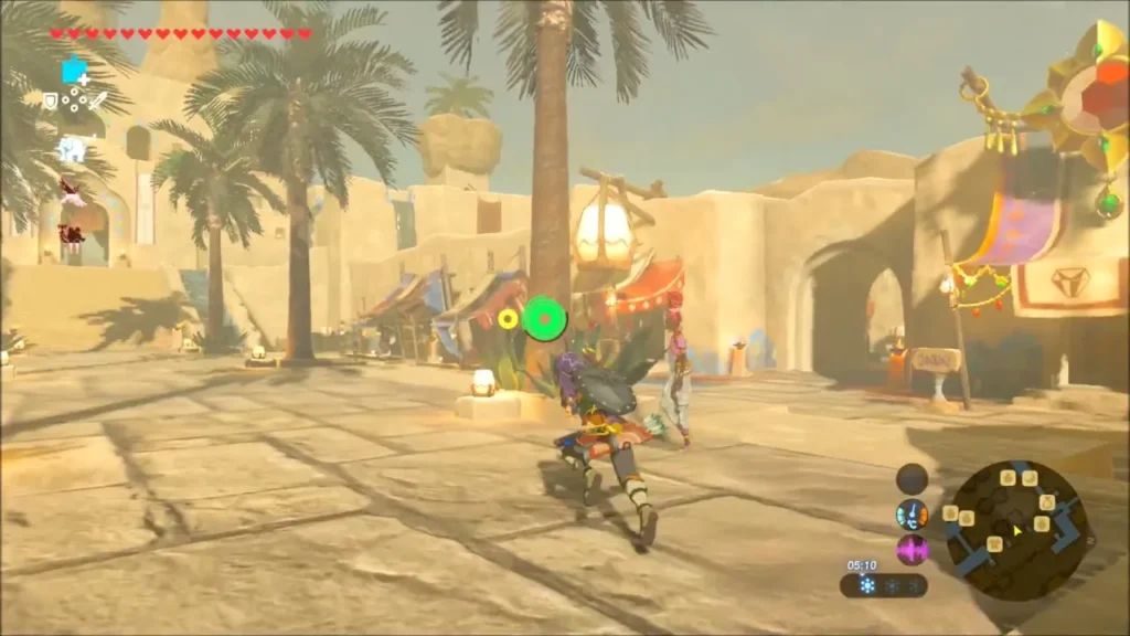 Link running through a sunlit Gerudo Town square past market stalls Link running through a sunlit Gerudo Town square past market stalls