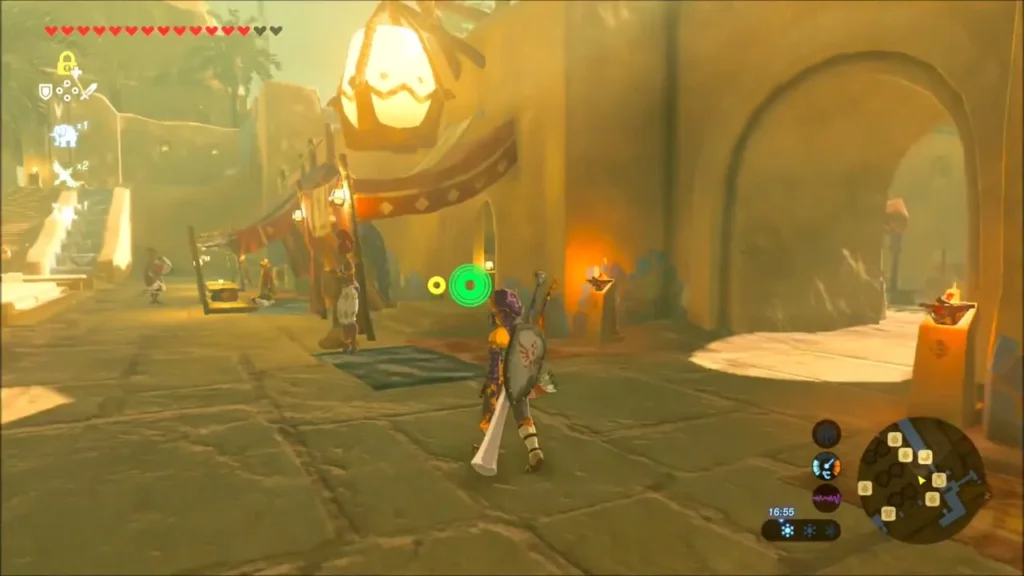 Link walking down a lantern-lit street in Gerudo Town Link walking down a lantern-lit street in Gerudo Town