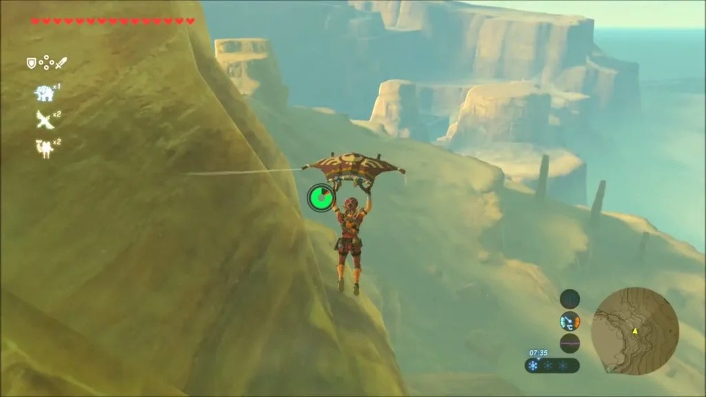 Link gliding past a sandstone cliff with mesas stretching behind Link gliding past a sandstone cliff with mesas stretching behind