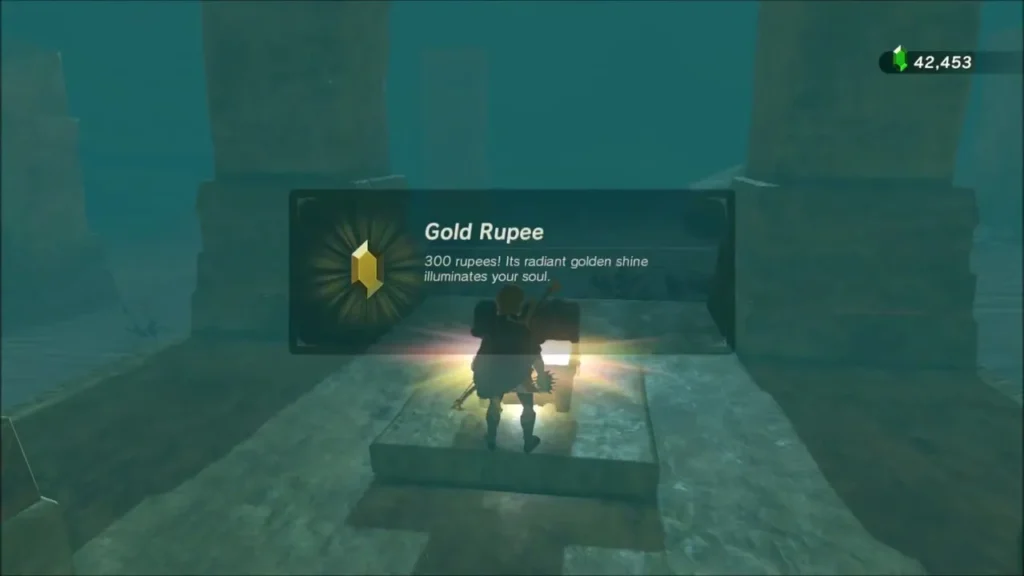 Link opening a chest and receiving a Gold Rupee worth 300 rupees Link opening a chest and receiving a Gold Rupee worth 300 rupees