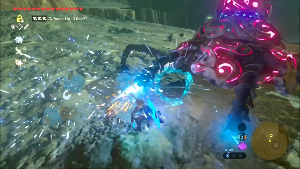 Link parrying a Guardian's beam with his shield as sparks fly Link parrying a Guardian's beam with his shield as sparks fly