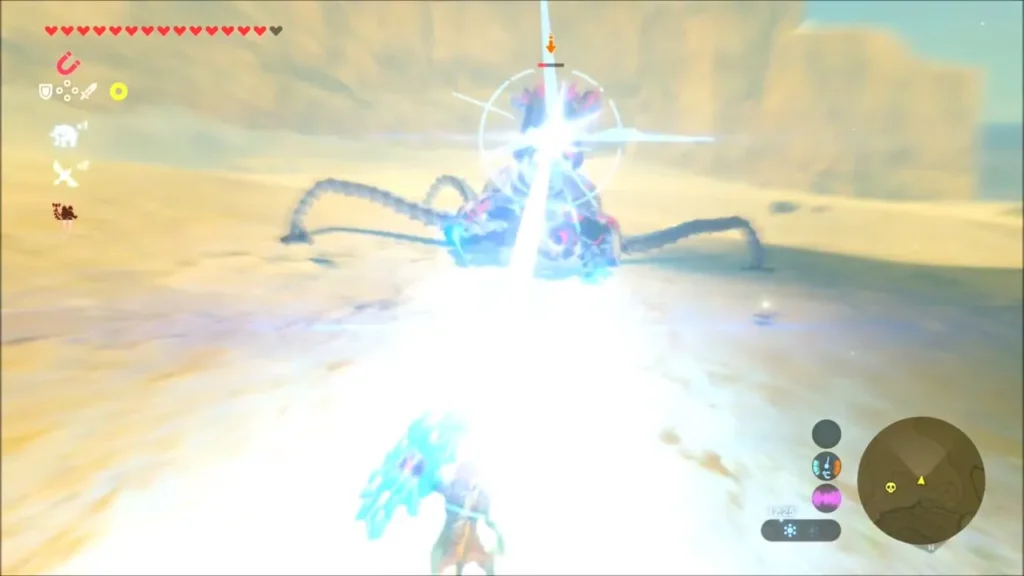 Guardian beam flashing white as Link guards at the last instant Guardian beam flashing white as Link guards at the last instant